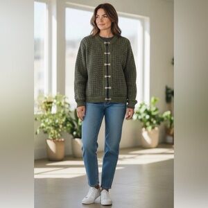 Vintage LL Bean Olive Green Wool Blend Birdseye Made in Norway Cardigan Sz M